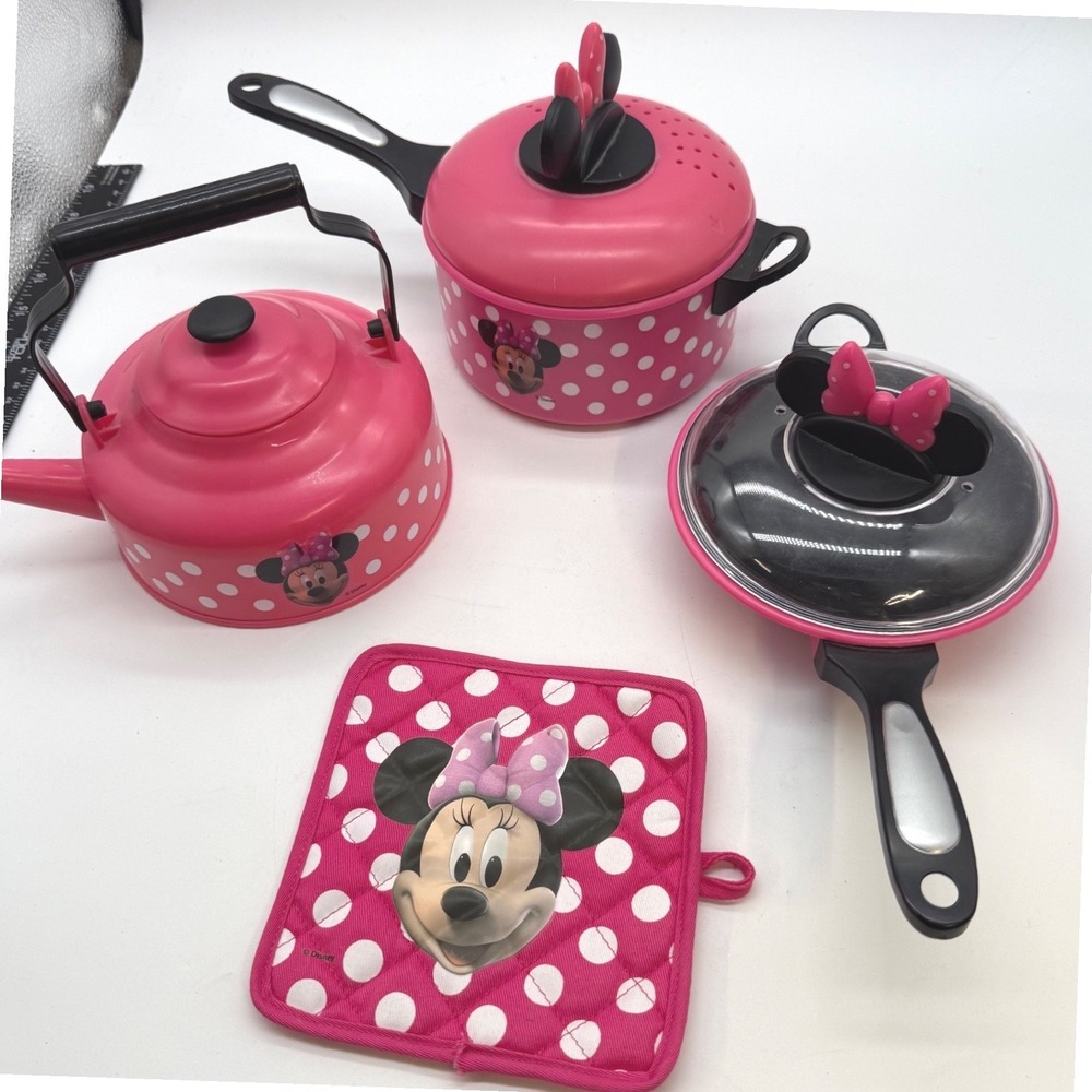 Disney Store Minnie Mouse Pink Polka Dot Toy Kitchen Cookware Playset 7pc